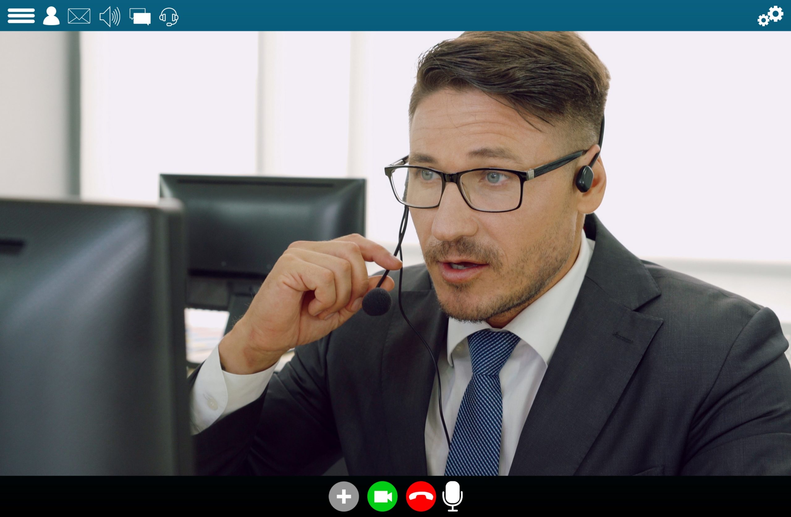 Business people meeting in video conference app on laptop monito